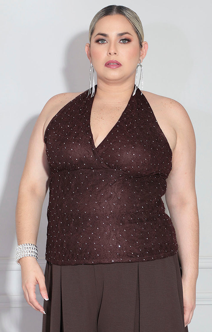 Blusa café con brillos