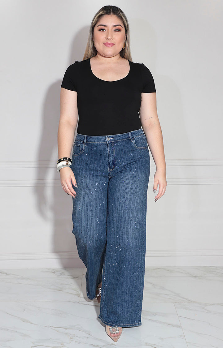 Pantalón denim con brillos