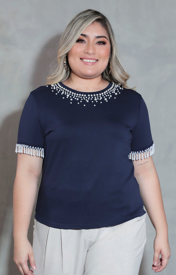 Blusa azul marino con perlas - BLUSA XL Boutiquemirel 