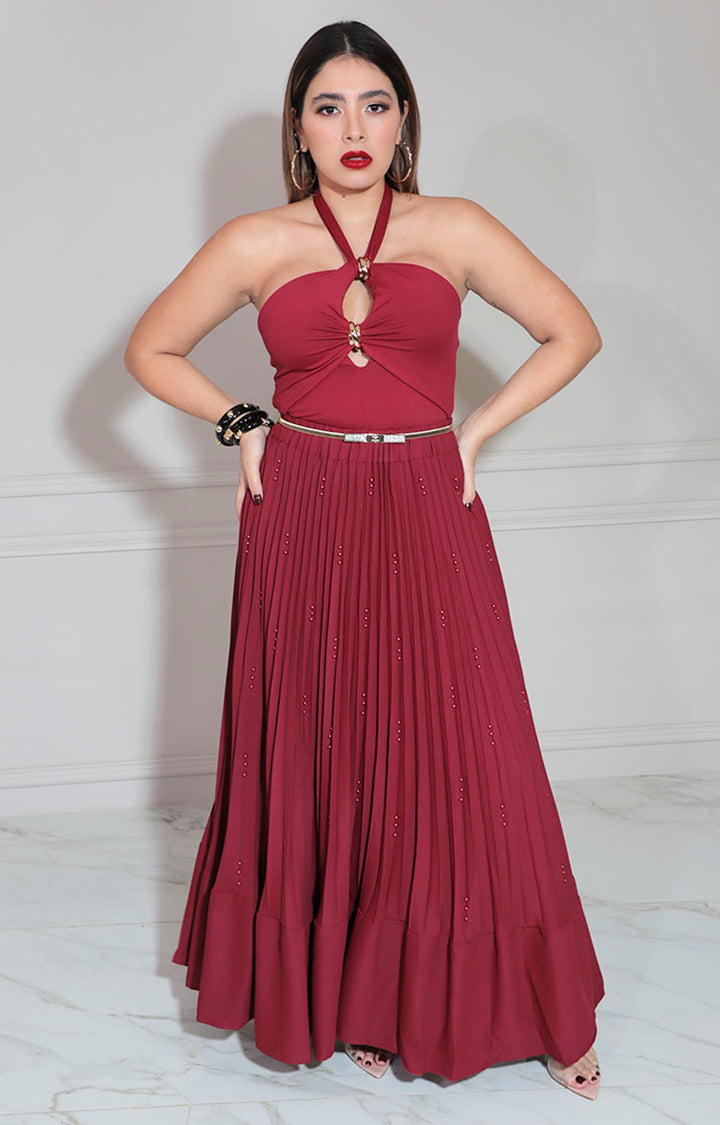 Falda vino con perlas