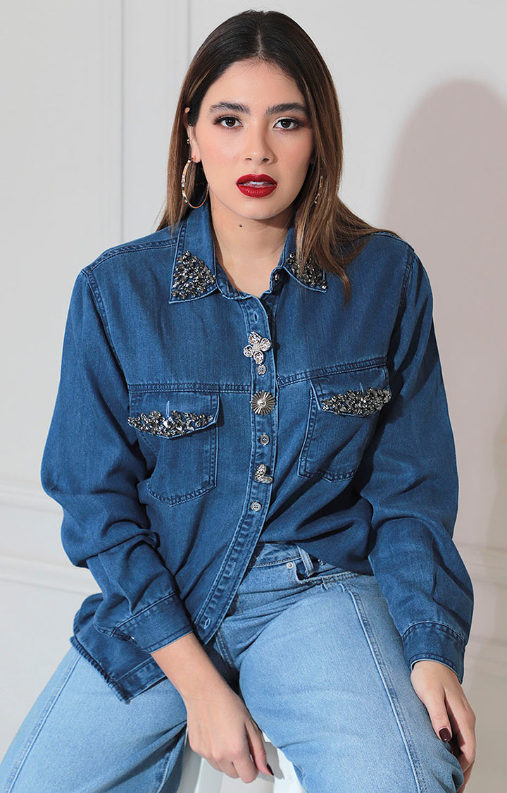 Camisera denim con brillos