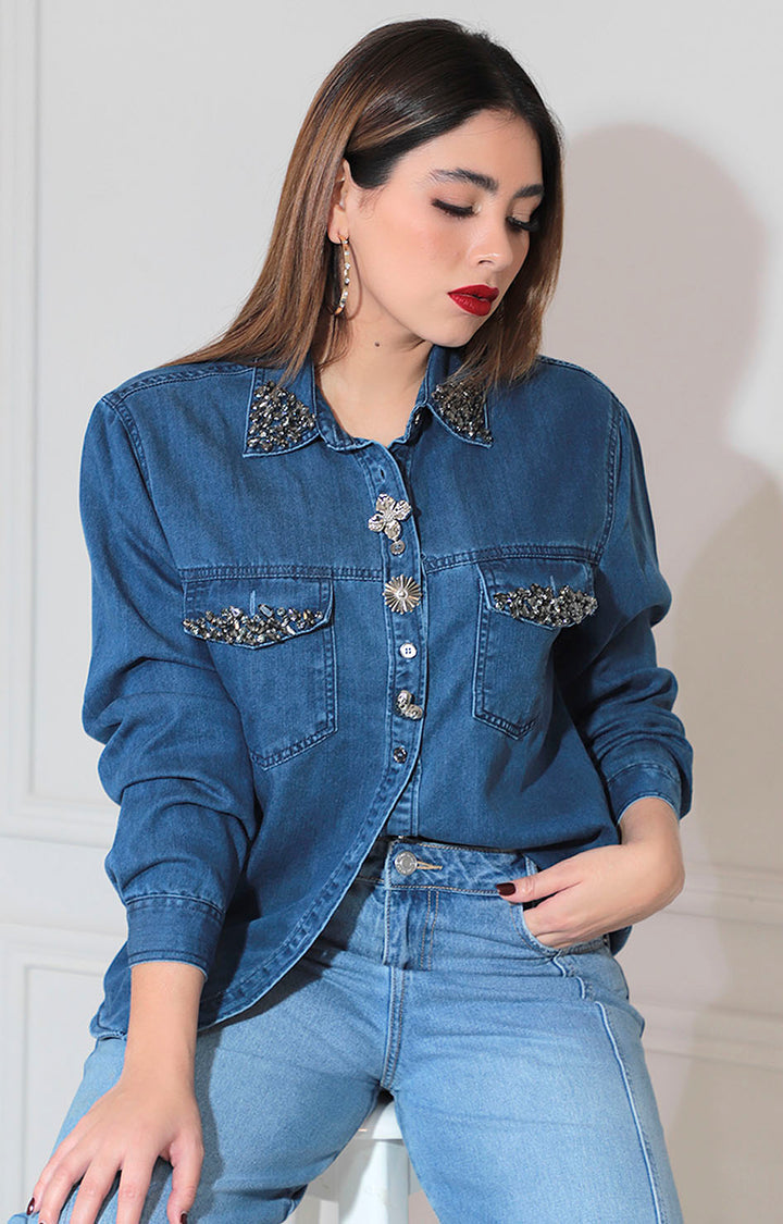 Camisera denim con brillos