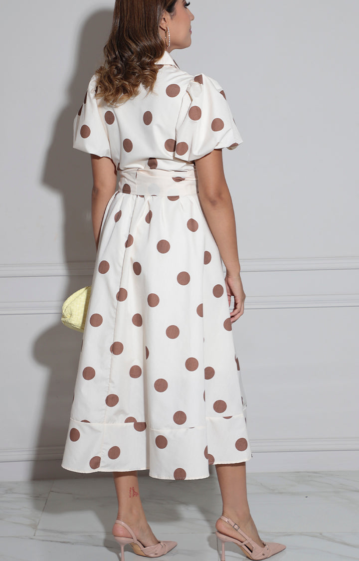 Vestido beige estampado polka-dots