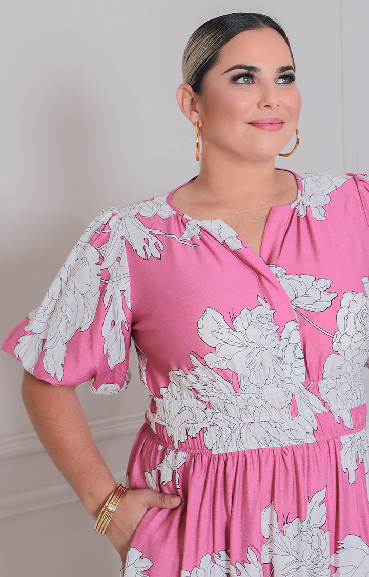 Vestido rosa estampado - VESTIDO LARGO CURVY Boutiquemirel 