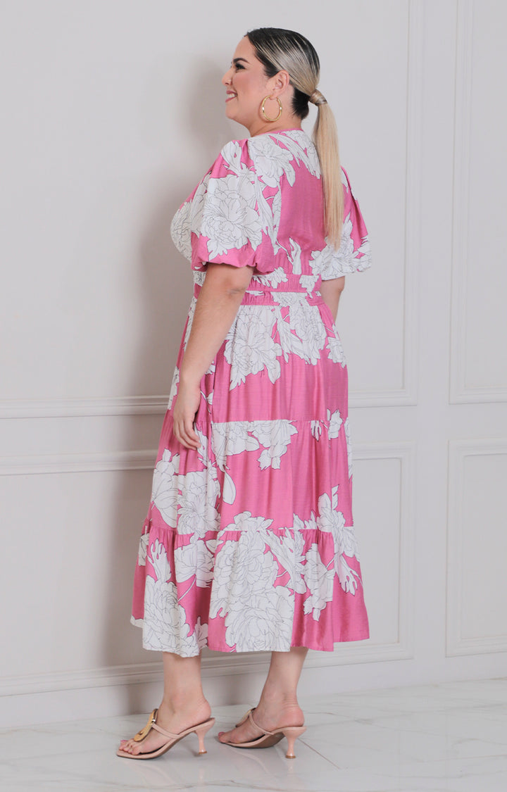 Vestido rosa estampado - VESTIDO LARGO CURVY Boutiquemirel 
