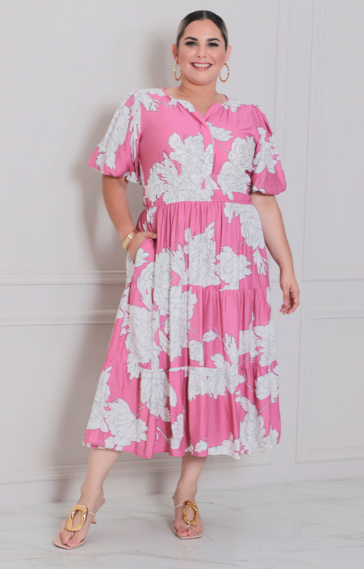 Vestido rosa estampado - VESTIDO LARGO CURVY Boutiquemirel 