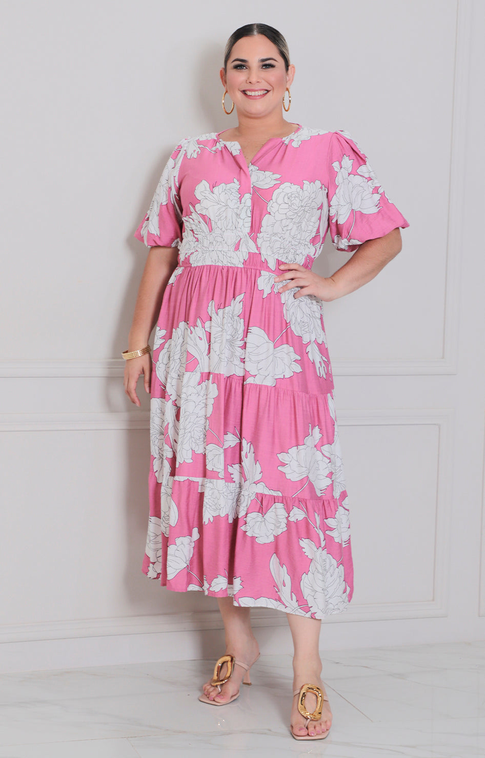Vestido rosa estampado - VESTIDO LARGO CURVY Boutiquemirel 