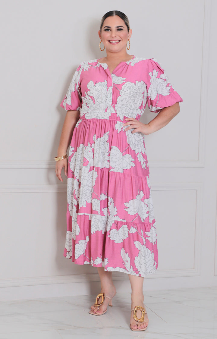 Vestido rosa estampado - VESTIDO LARGO CURVY Boutiquemirel 