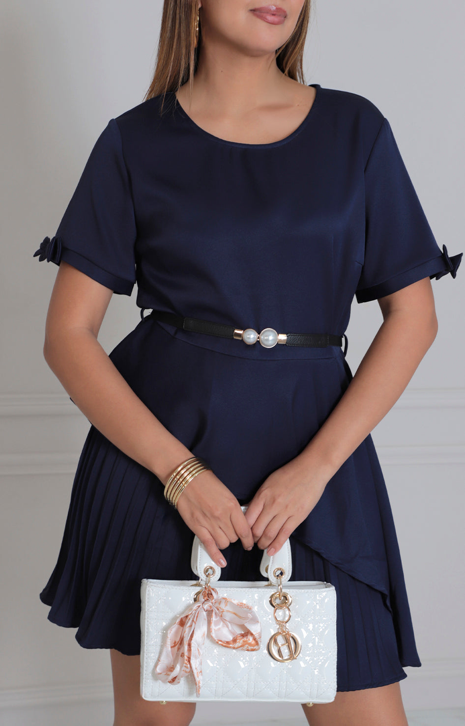 Vestido azul con plisado y cinturòn - VESTIDO Boutiquemirel 