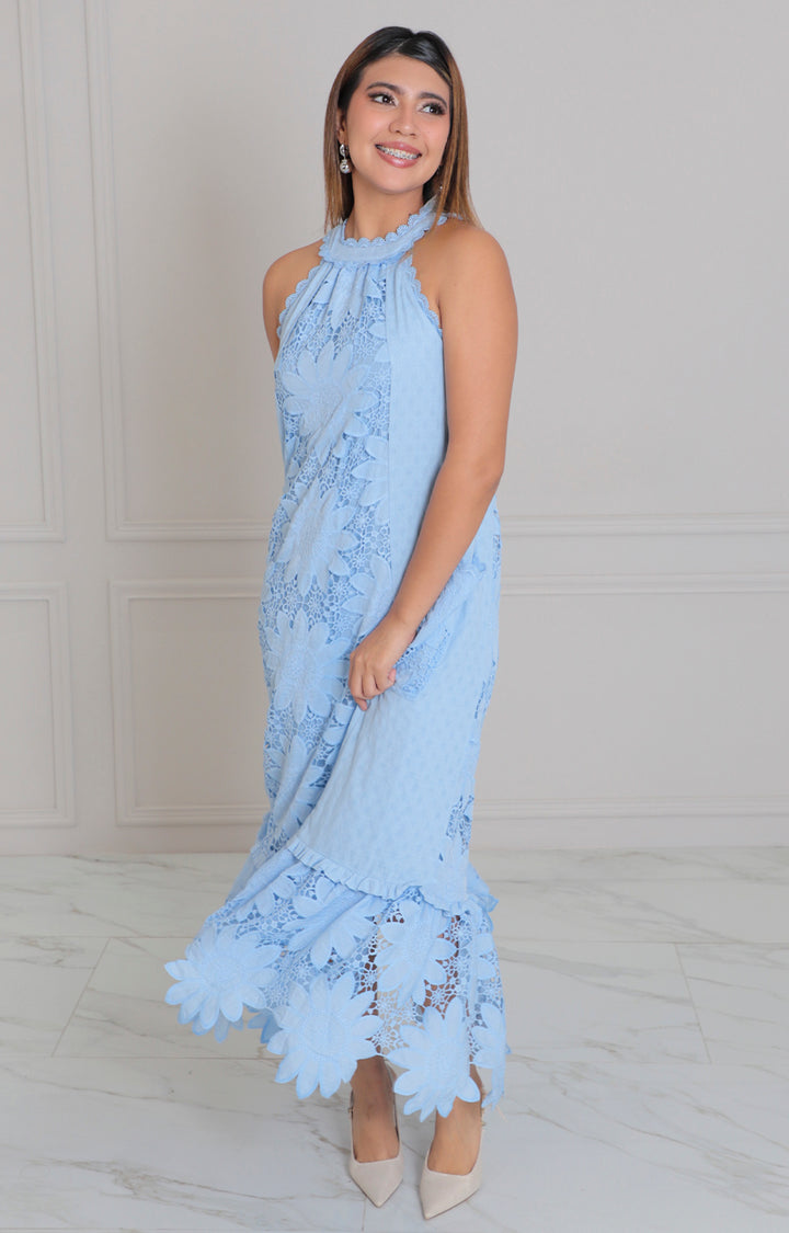 Vestido azul halter con bordado - VESTIDO LARGO REGULAR Boutiquemirel 