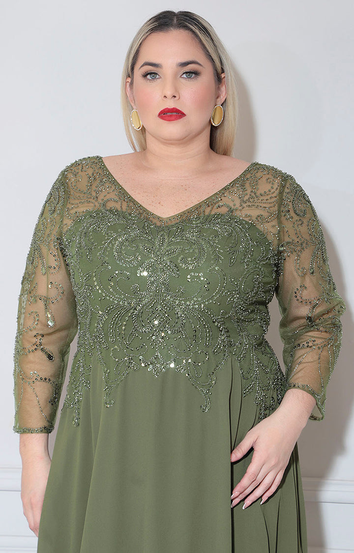 Vestido de gala verde olivo