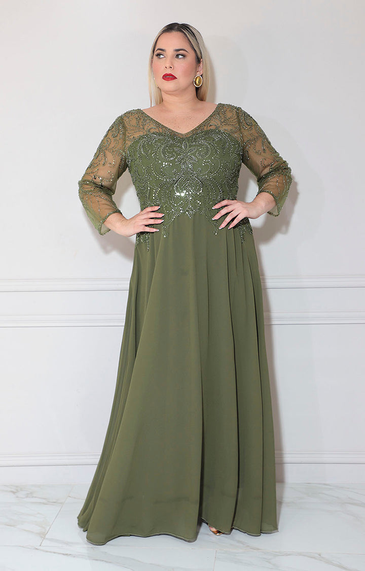 Vestido de gala verde olivo