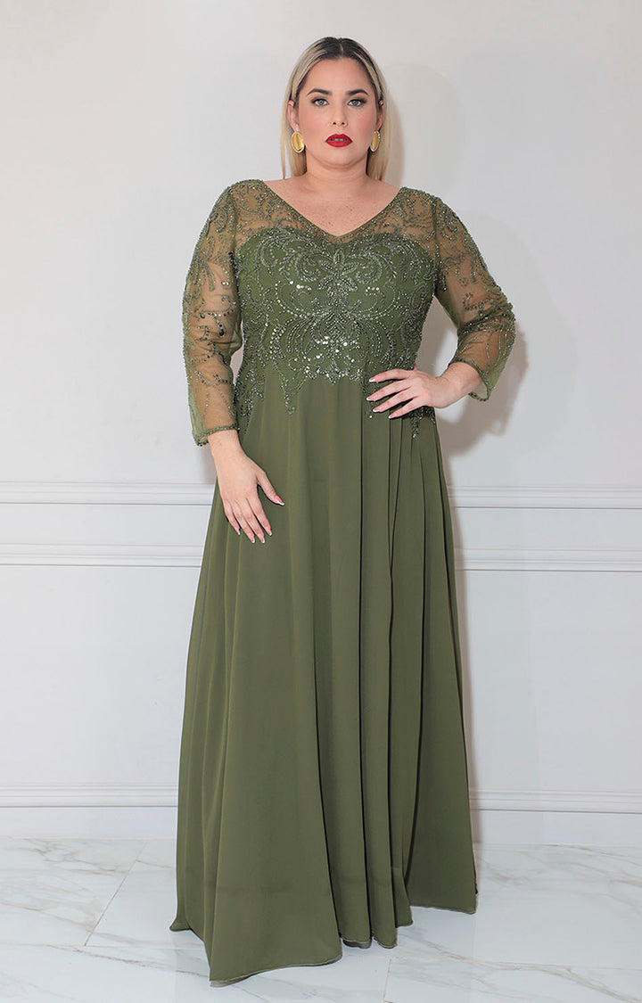 Vestido de gala verde olivo