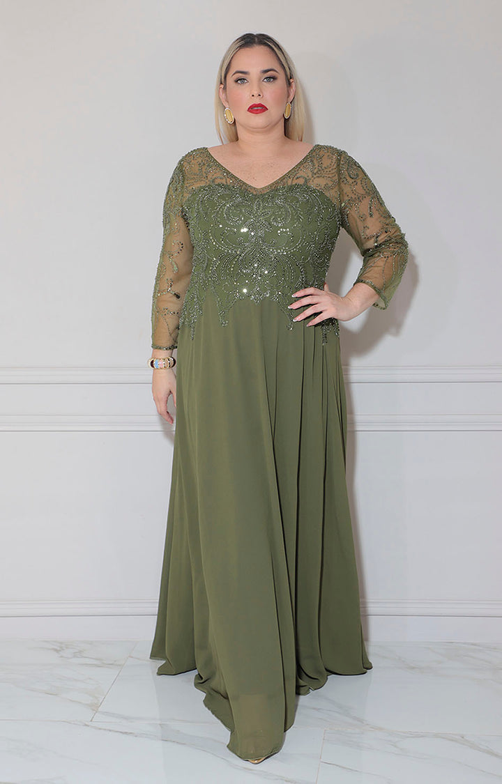 Vestido de gala verde olivo