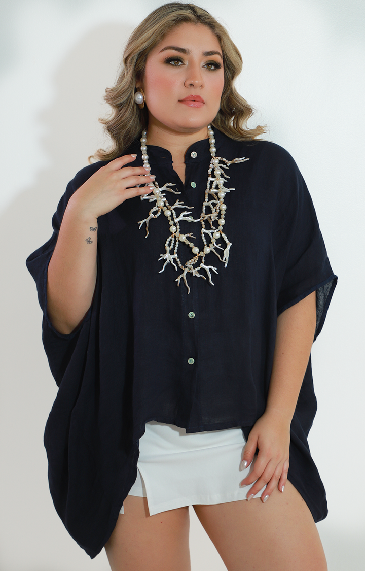 Maxi blusa azul marino de botones - BLUSA Boutiquemirel 