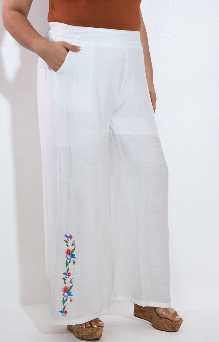 Pantalon blanco amplio con bordado inferior - PANTALON Boutiquemirel 