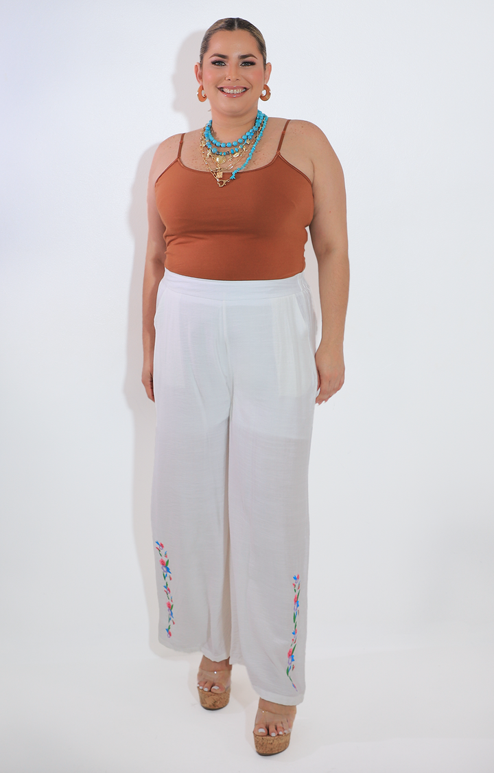 Pantalon blanco amplio con bordado inferior - PANTALON Boutiquemirel 