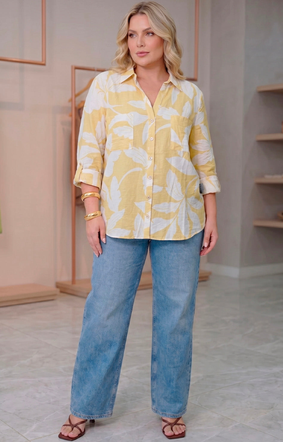 Blusa amarilla estampada - BLUSAS CURVY Boutiquemirel 