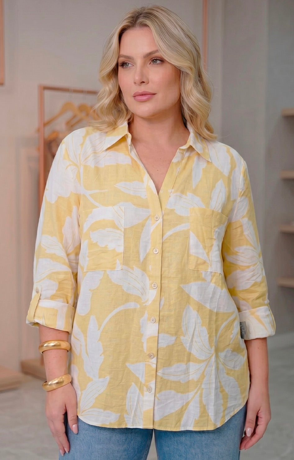 Blusa amarilla estampada - BLUSAS CURVY Boutiquemirel 