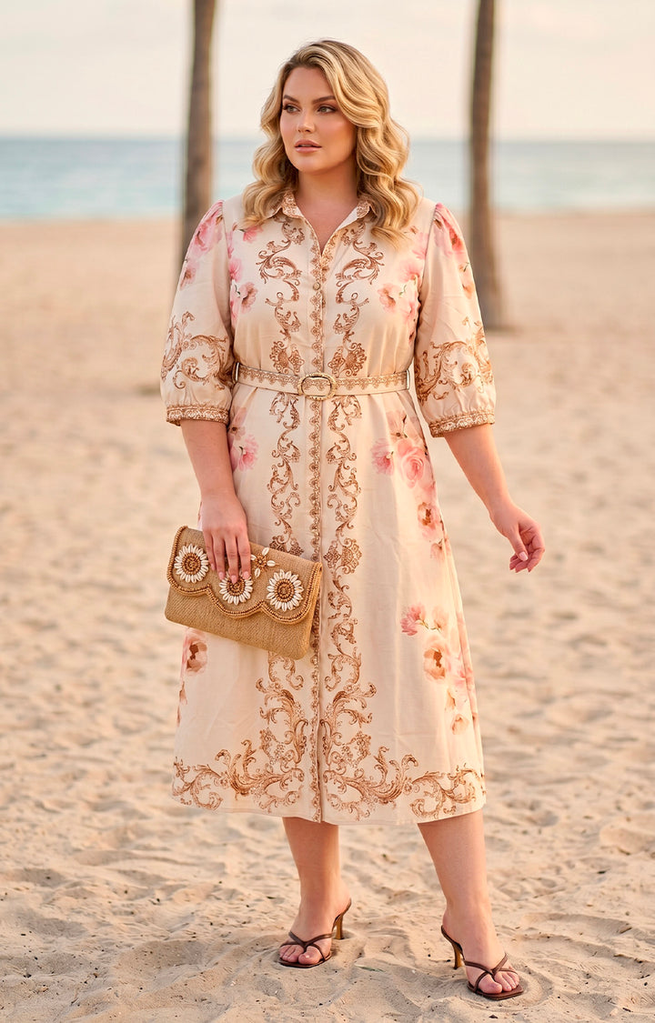 Vestido beige estampado - VESTIDO LARGO CURVY Boutiquemirel 