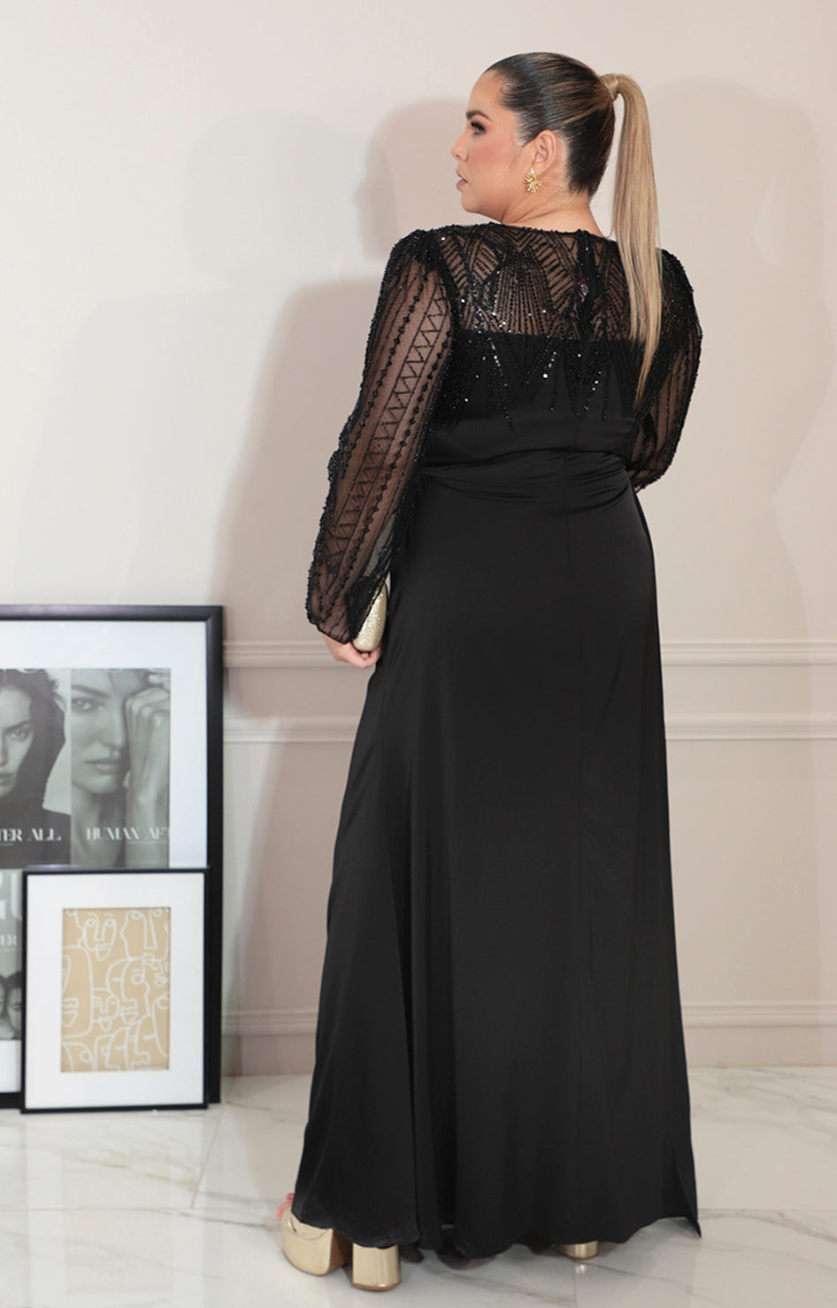 Vestido negro con transparencia y brillos de manga larga - VESTIDO Boutiquemirel 