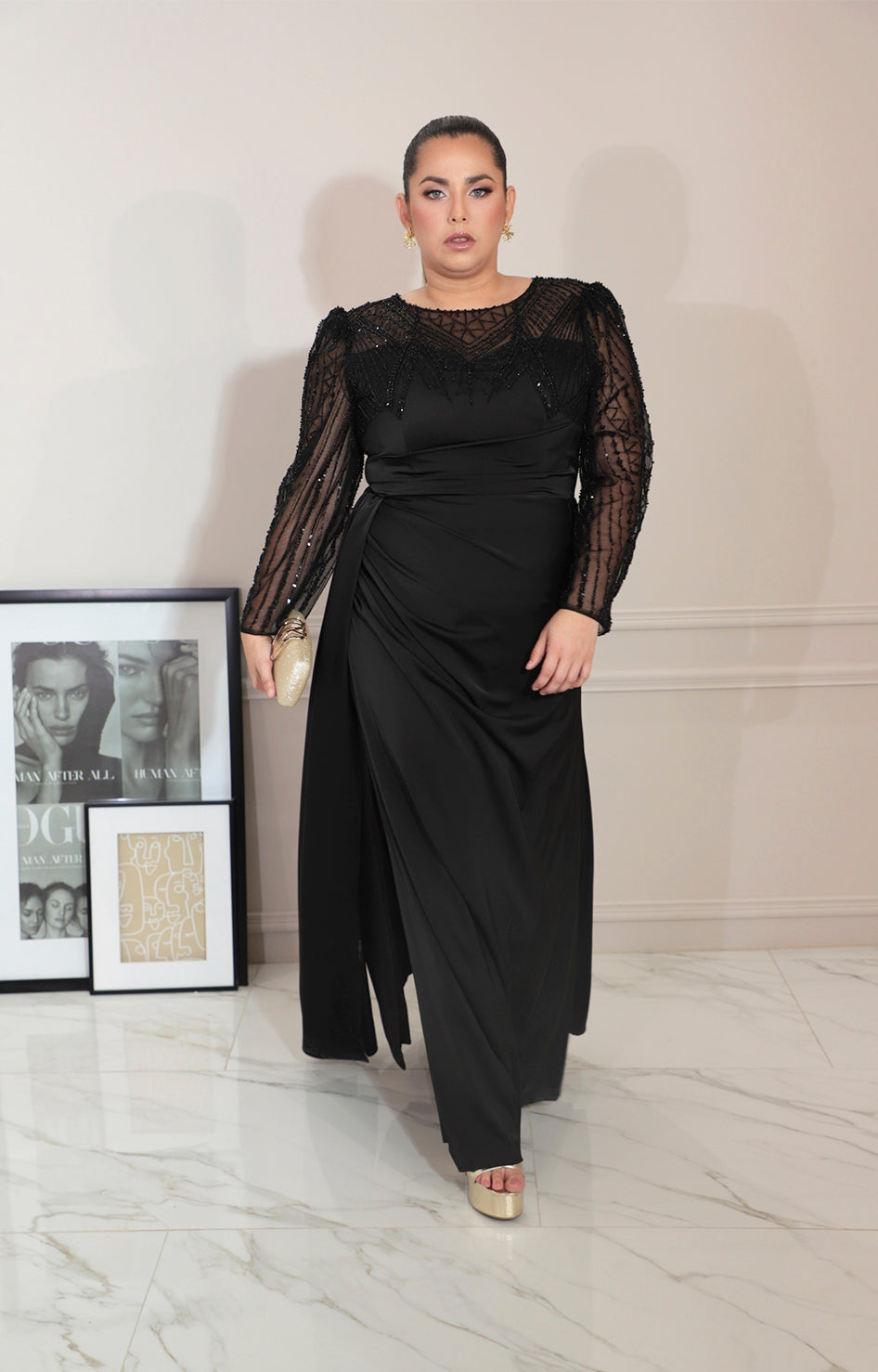 Vestido negro con transparencia y brillos de manga larga - VESTIDO Boutiquemirel 