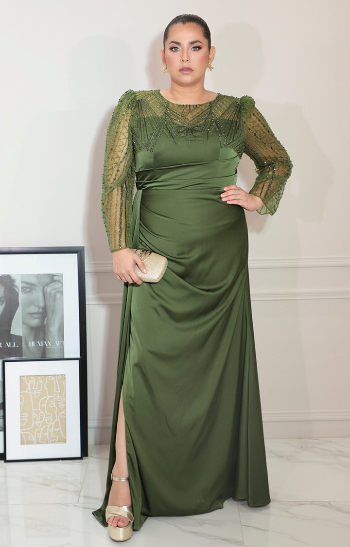 Vestido verde con transparencia y brillos de manga larga - VESTIDO Boutiquemirel 