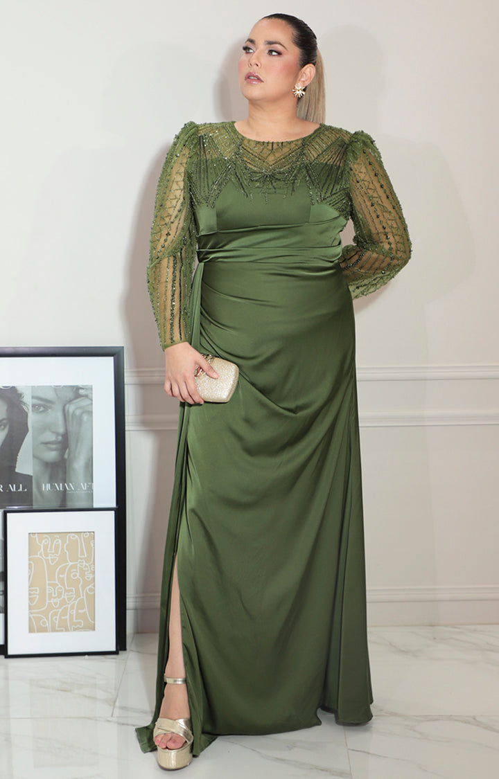 Vestido verde con transparencia y brillos de manga larga - VESTIDO Boutiquemirel 