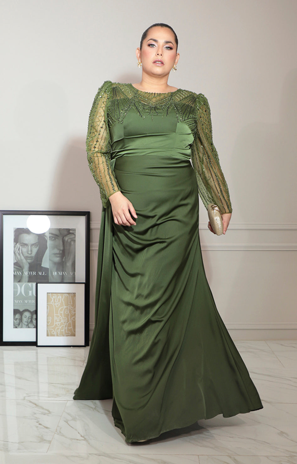 Vestido verde con transparencia y brillos de manga larga - VESTIDO Boutiquemirel 