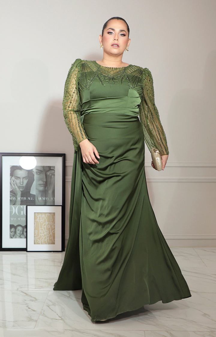 Vestido verde con transparencia y brillos de manga larga - VESTIDO Boutiquemirel 