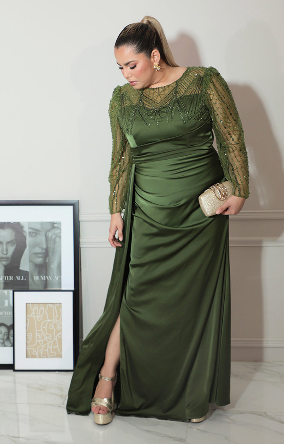 Vestido verde con transparencia y brillos de manga larga - VESTIDO Boutiquemirel 