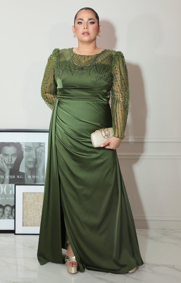 Vestido verde con transparencia y brillos de manga larga - VESTIDO Boutiquemirel 