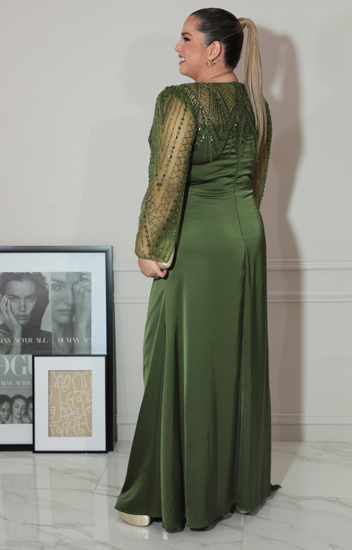 Vestido verde con transparencia y brillos de manga larga - VESTIDO Boutiquemirel 