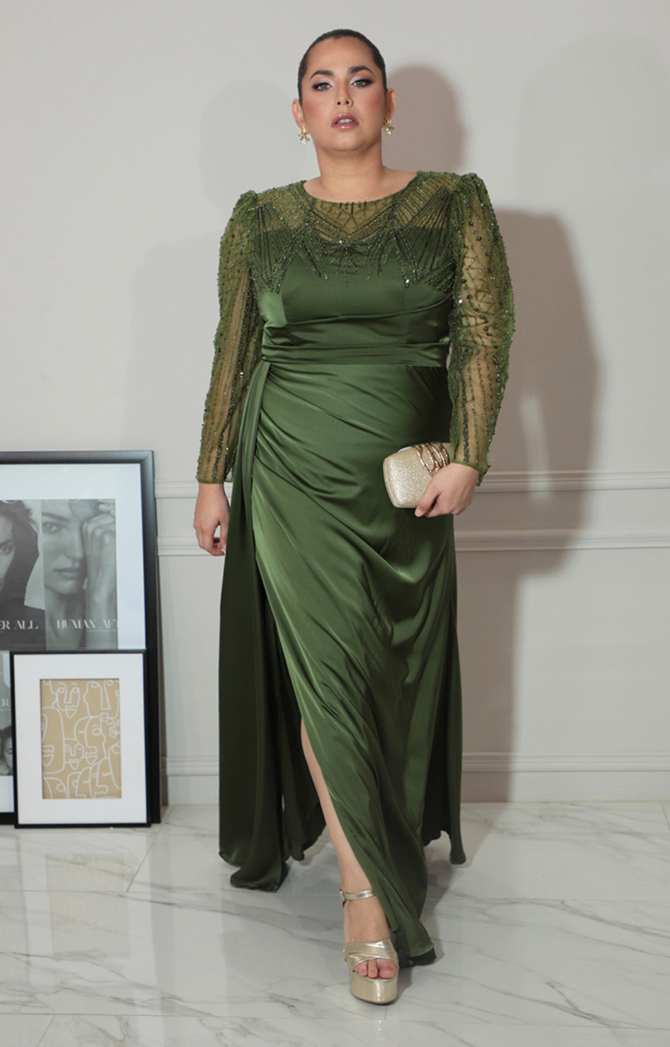 Vestido verde con transparencia y brillos de manga larga - VESTIDO Boutiquemirel 