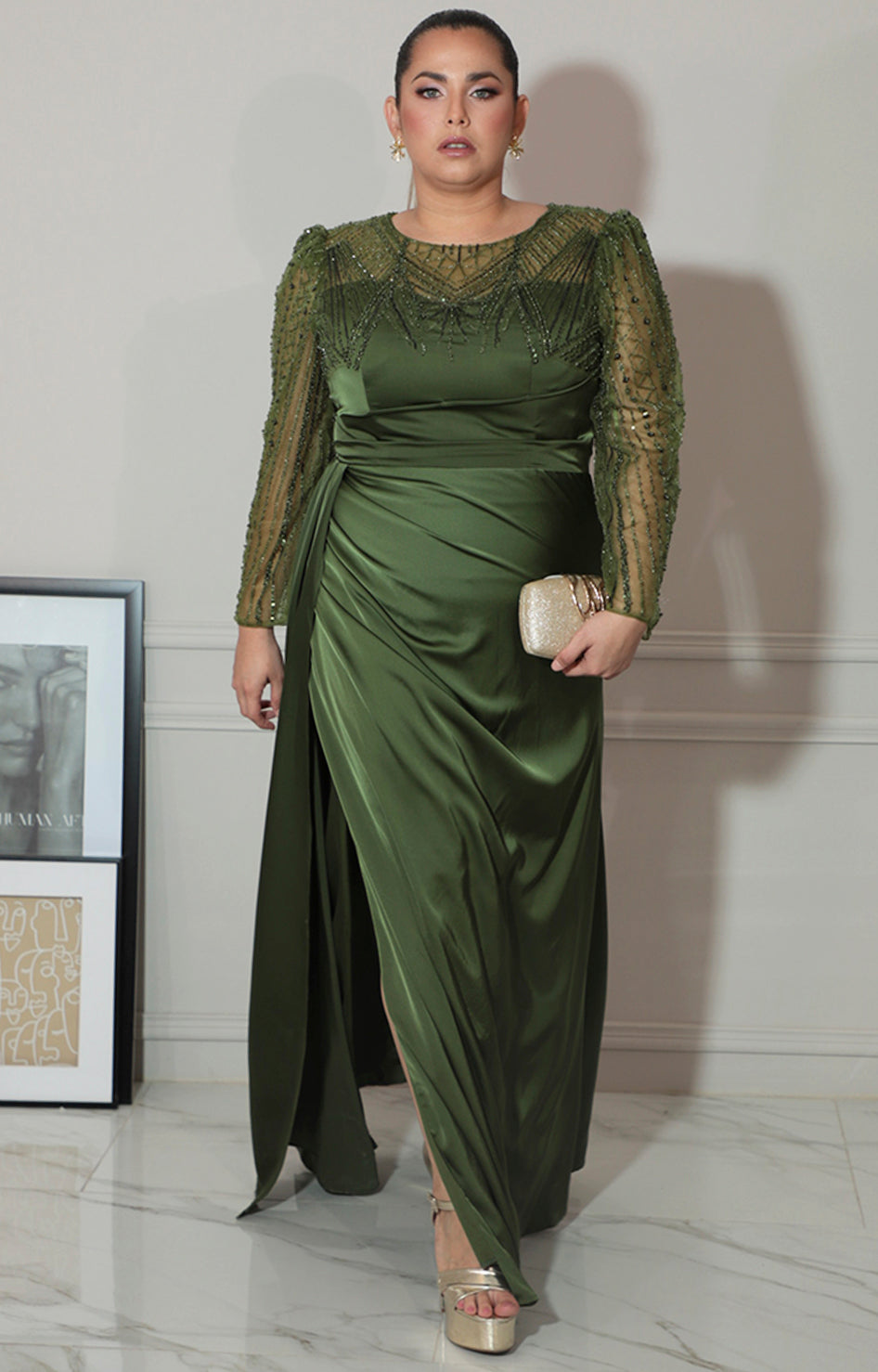 Vestido verde con transparencia y brillos de manga larga - VESTIDO Boutiquemirel 