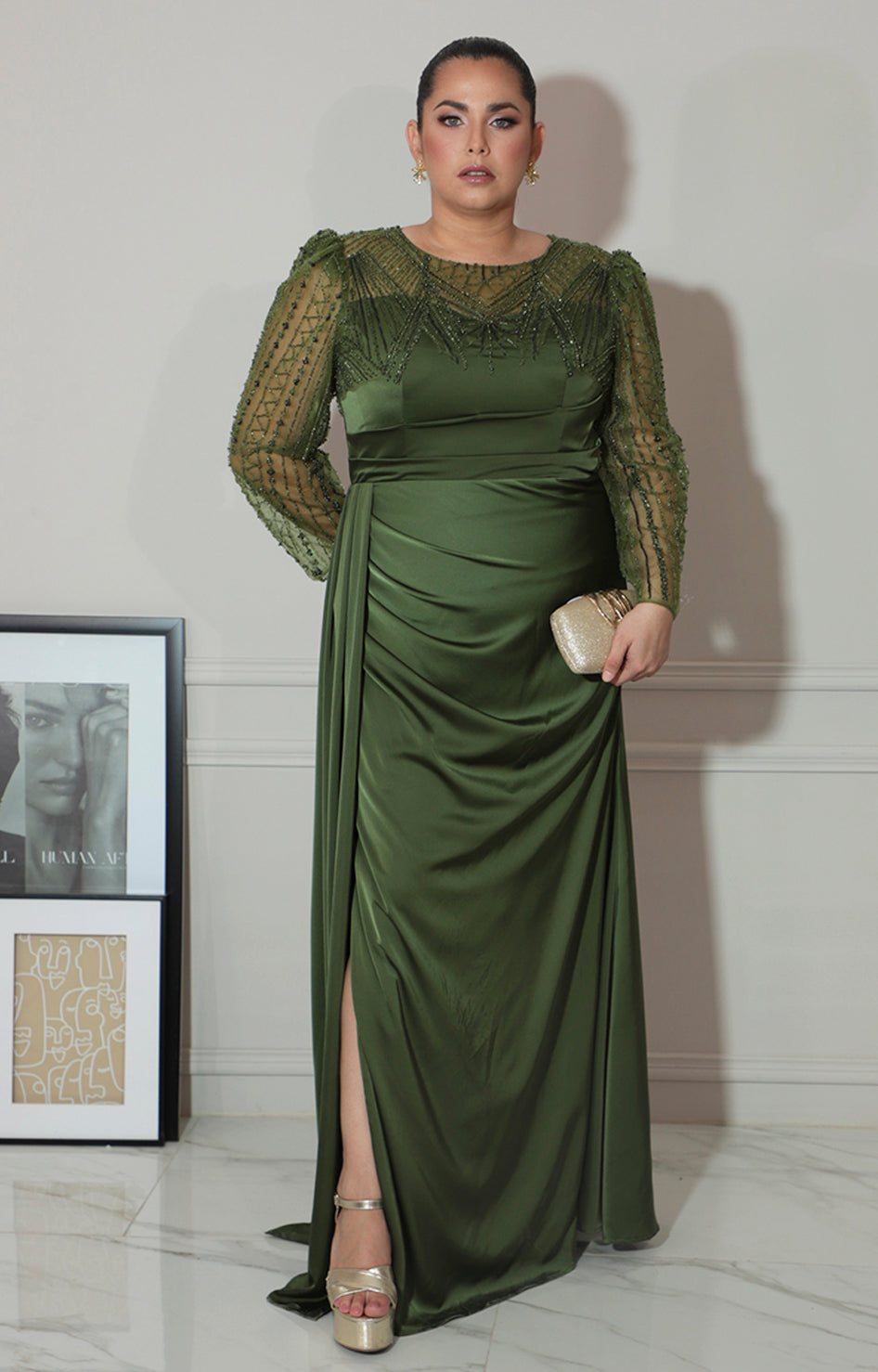 Vestido verde con transparencia y brillos de manga larga - VESTIDO Boutiquemirel 