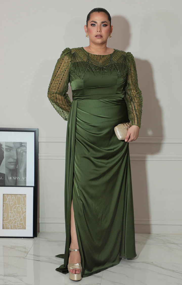 Vestido verde con transparencia y brillos de manga larga - VESTIDO Boutiquemirel 