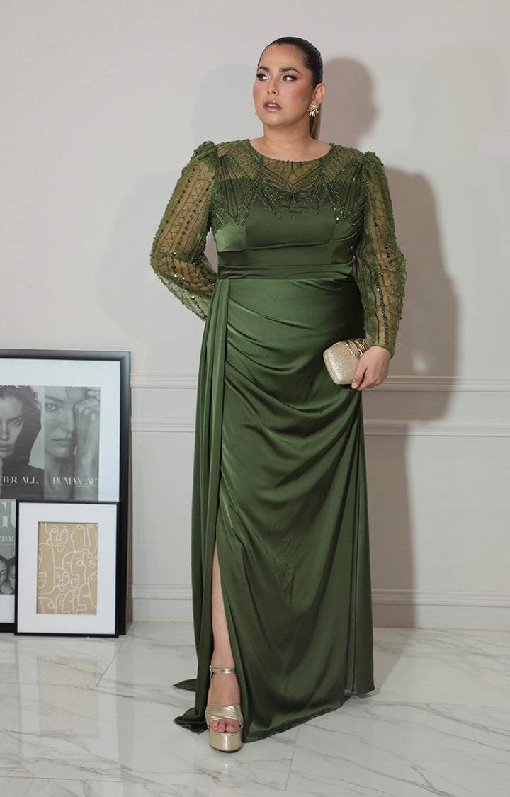 Vestido verde con transparencia y brillos de manga larga - VESTIDO Boutiquemirel 