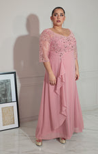 Vestido rosa con transparencia y brillo de manga 3/4 - VESTIDO Boutiquemirel 
