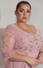 Vestido rosa con transparencia y brillo de manga 3/4 - VESTIDO Boutiquemirel 