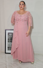 Vestido rosa con transparencia y brillo de manga 3/4 - VESTIDO Boutiquemirel 