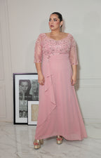 Vestido rosa con transparencia y brillo de manga 3/4 - VESTIDO Boutiquemirel 