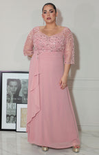 Vestido rosa con transparencia y brillo de manga 3/4 - VESTIDO Boutiquemirel 