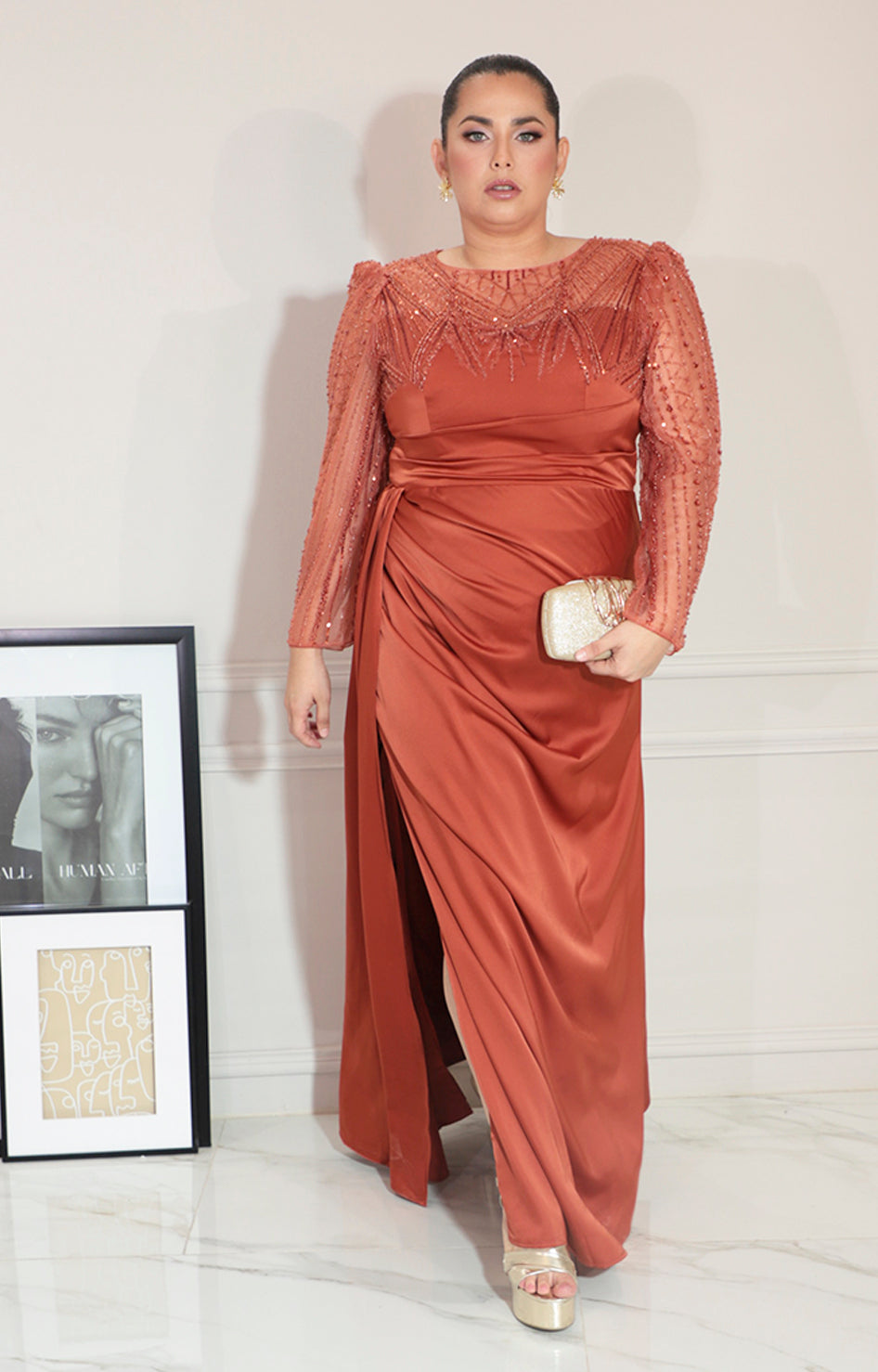 Vestido chedron con transparencia y brillos de manga larga - VESTIDO Boutiquemirel 