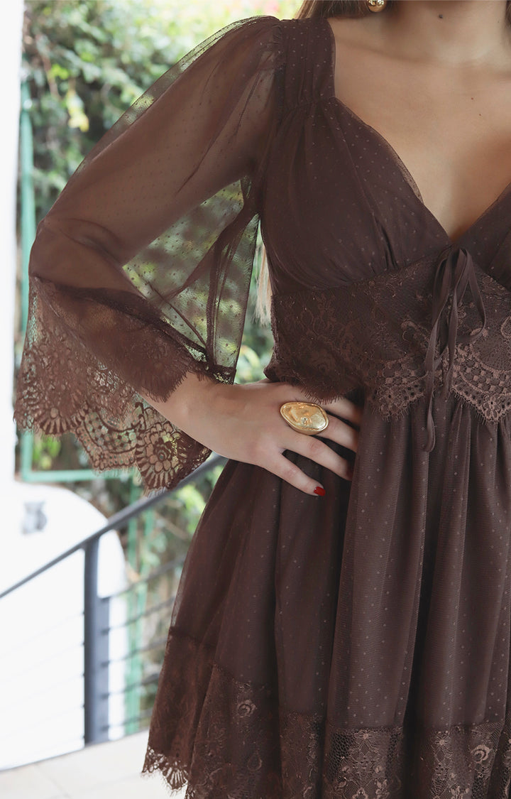 Vestido café bordado - VESTIDO Boutiquemirel 