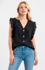 Blusa con botones y volantes frontal - BLUSAS REGULAR Boutiquemirel 