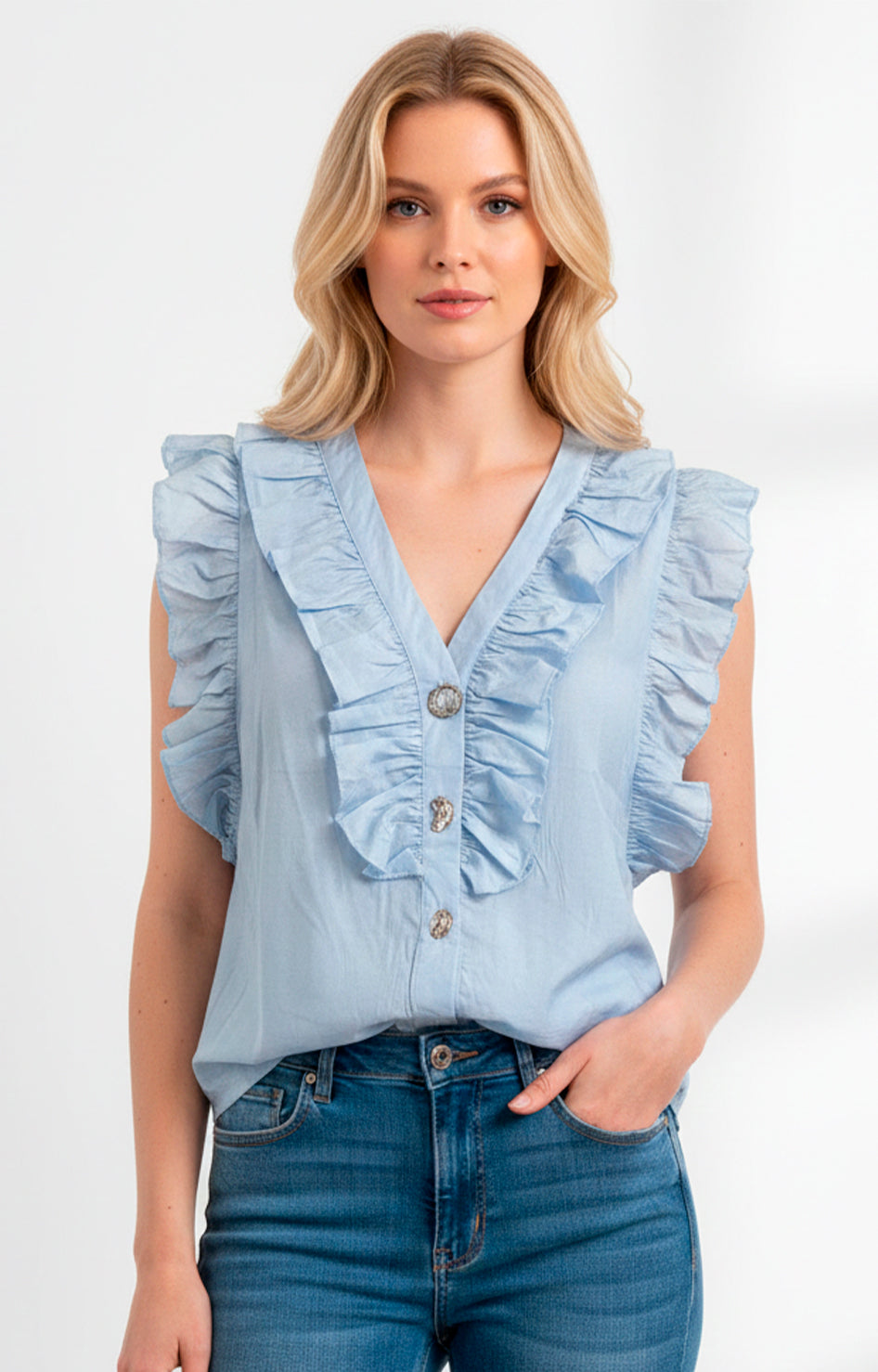 Blusa con botones y volantes frontal - BLUSAS REGULAR Boutiquemirel 