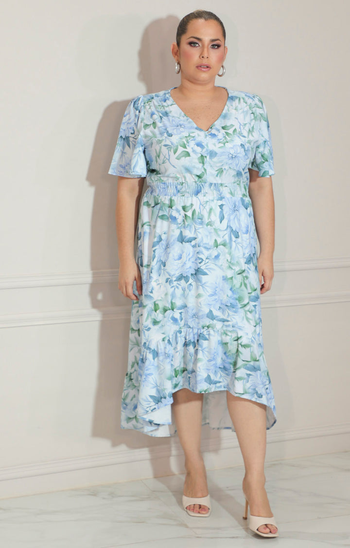 Vestido azul estampado con elástico en cintura - VESTIDO Boutiquemirel 