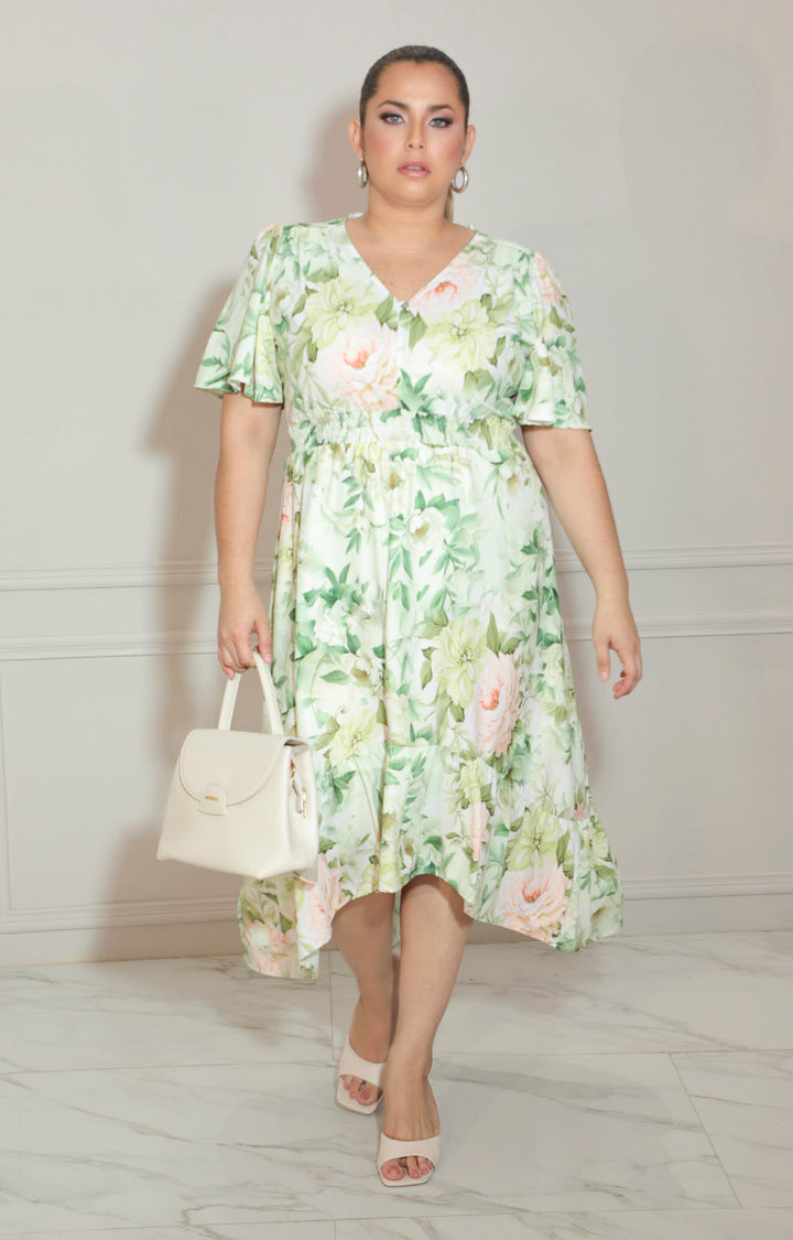 Vestido verde estampado con elástico en cintura - VESTIDO Boutiquemirel 