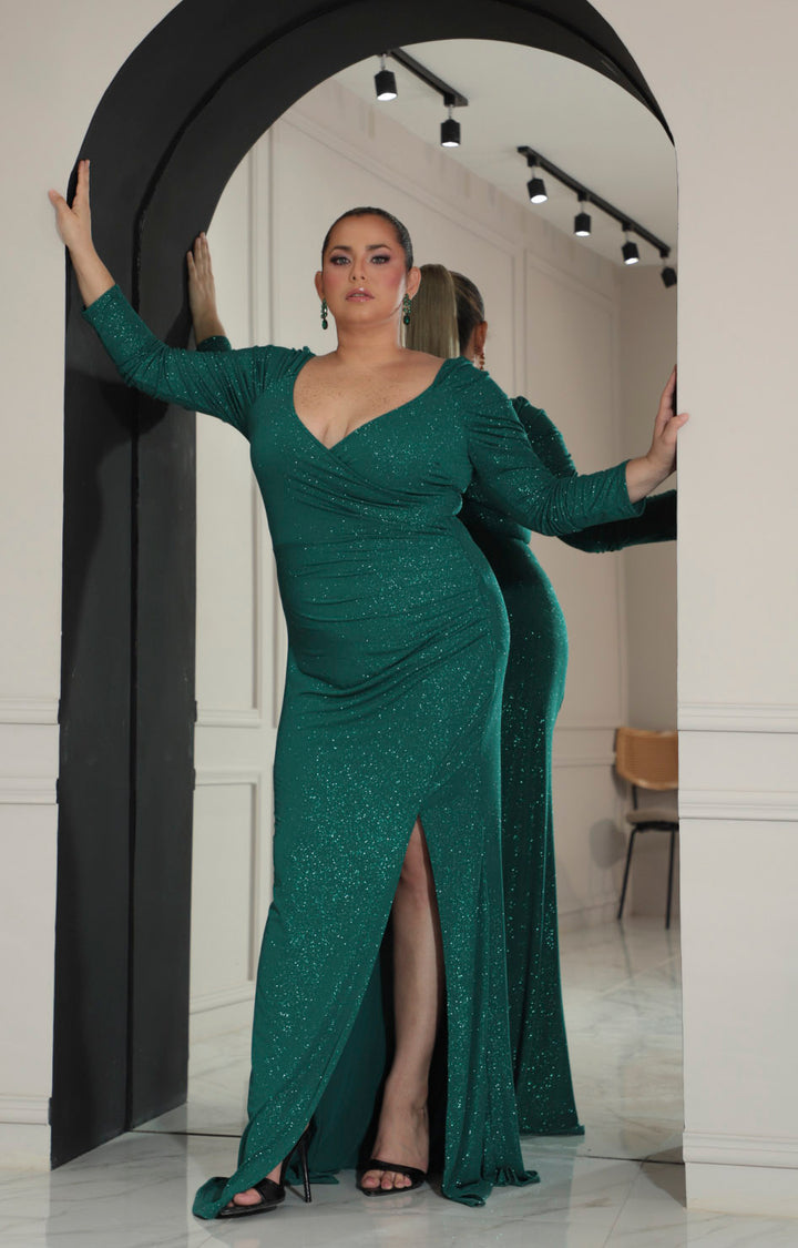 Vestido verde con manga larga y corrugado lateral - VESTIDO Boutiquemirel 